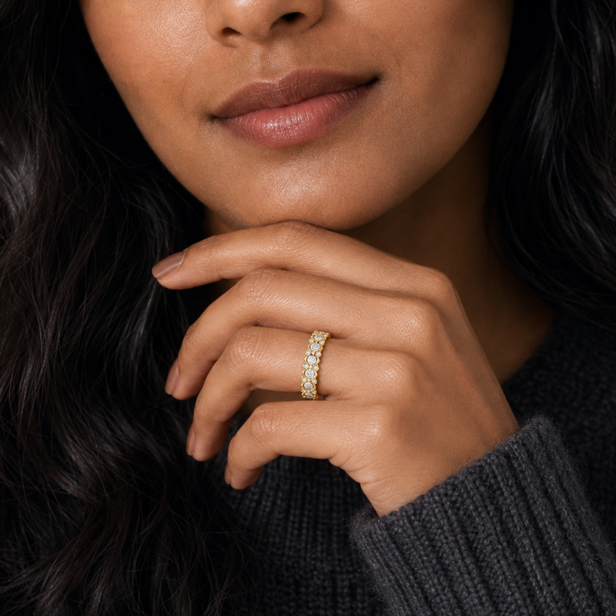 Lucienne Three Row Wavy Prong Lab-Grown Diamond Band in 14K Yellow Gold, worn on hand