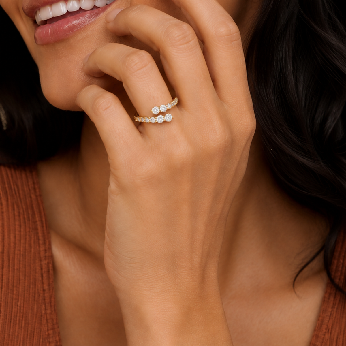 Elodie Graduated Bypass Lab-Grown Diamond Ring in 14K Yellow Gold, worn on hand