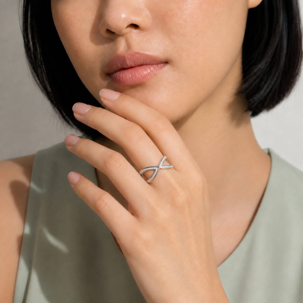 Alina Darcy Crisscross Lab-Grown Diamond Ring in 14K White Gold, worn on hand