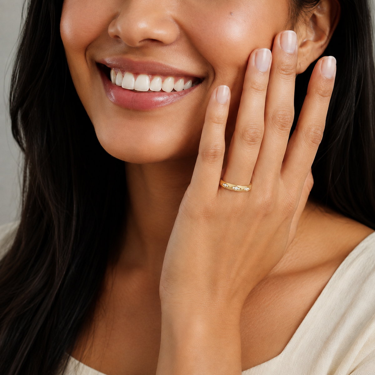 Cora Adorned Faceted Lab-Grown Diamond Ring in 14K Yellow Gold, worn on hand