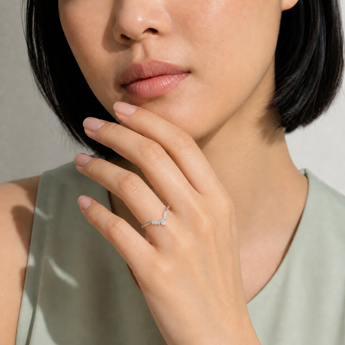 Selene Crescent Lab-Grown Diamond Ring in Platinum, worn on hand