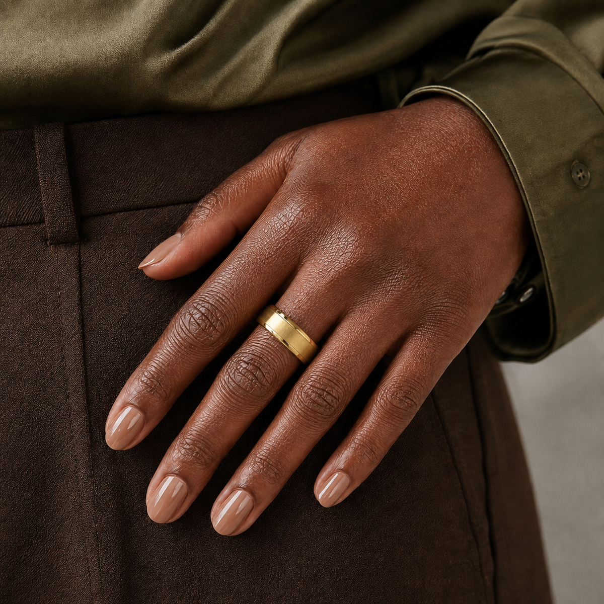 Orla Brushed Beveled Edge Lab-Grown Diamond Wedding Band in 14K Yellow Gold, worn on hand
