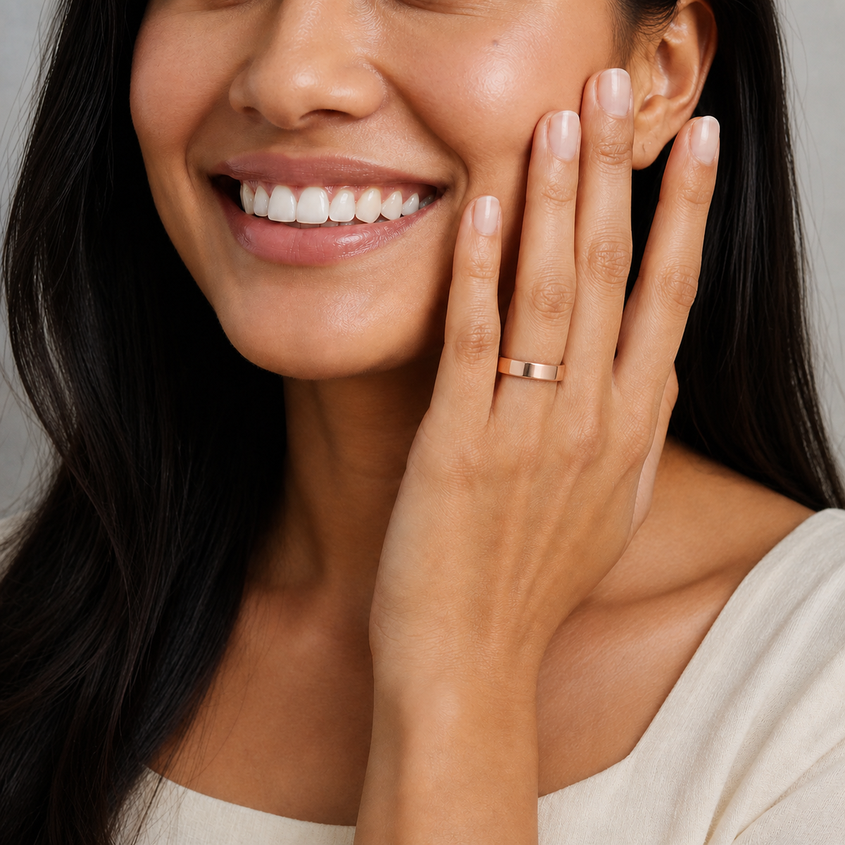 Daphne Traditional Flat Lab-Grown Diamond Wedding Band in 14K Rose Gold, worn on hand