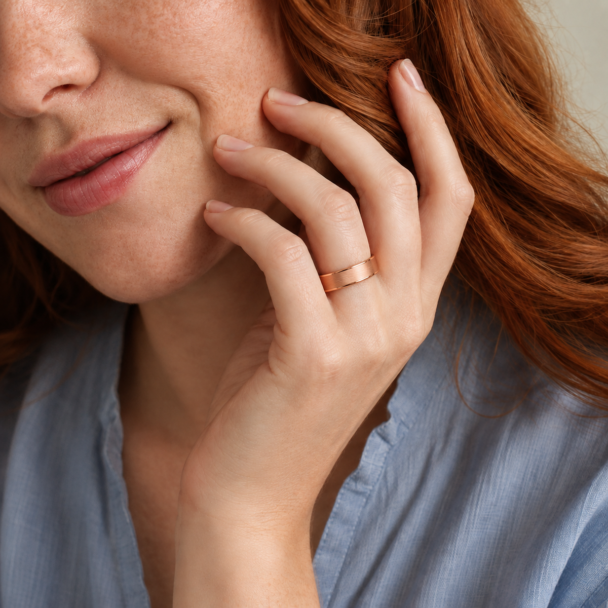 Evelina Brushed Flat Lab-Grown Diamond Wedding Band in 14K Rose Gold, worn on hand