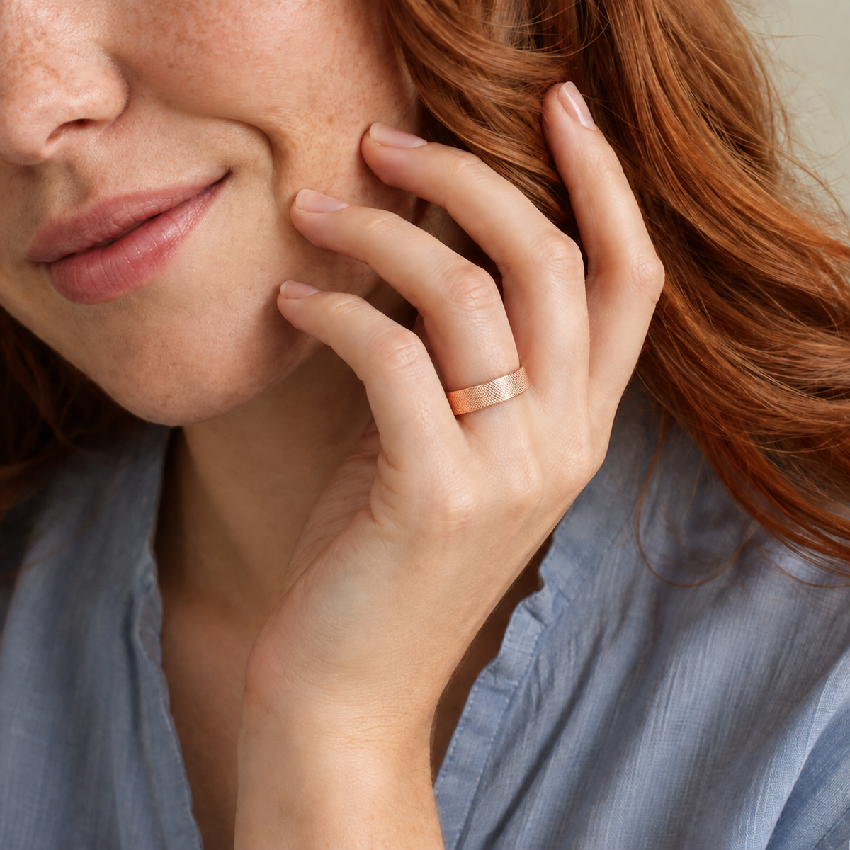 Elise Knurled Flat Edge Lab-Grown Diamond Wedding Band in 14K Rose Gold, worn on hand
