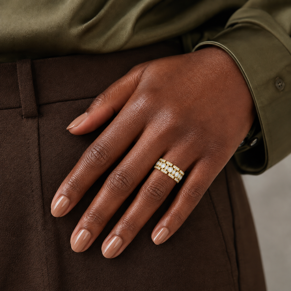 Isolde Baguette Lab-Grown Diamond Wedding Band in 14K Yellow Gold, worn on hand