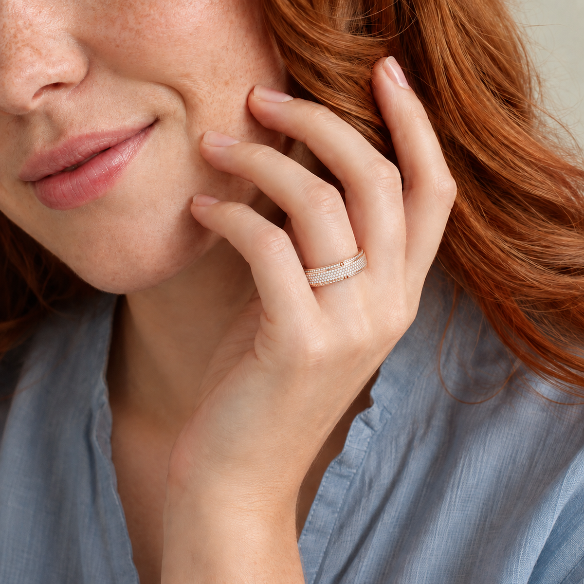 Lenora Beveled Pave Lab-Grown Diamond Wedding Band in 14K Rose Gold, worn on hand