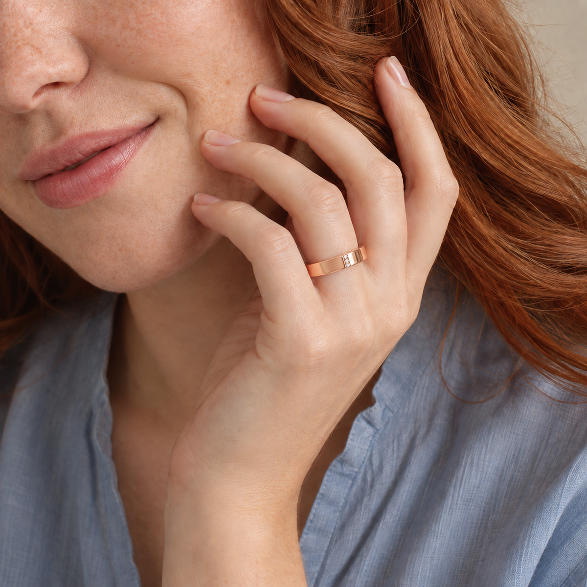 Rowena Cut Three Stone Minimalist Lab-Grown Diamond Wedding Band in 14K Rose Gold, worn on hand