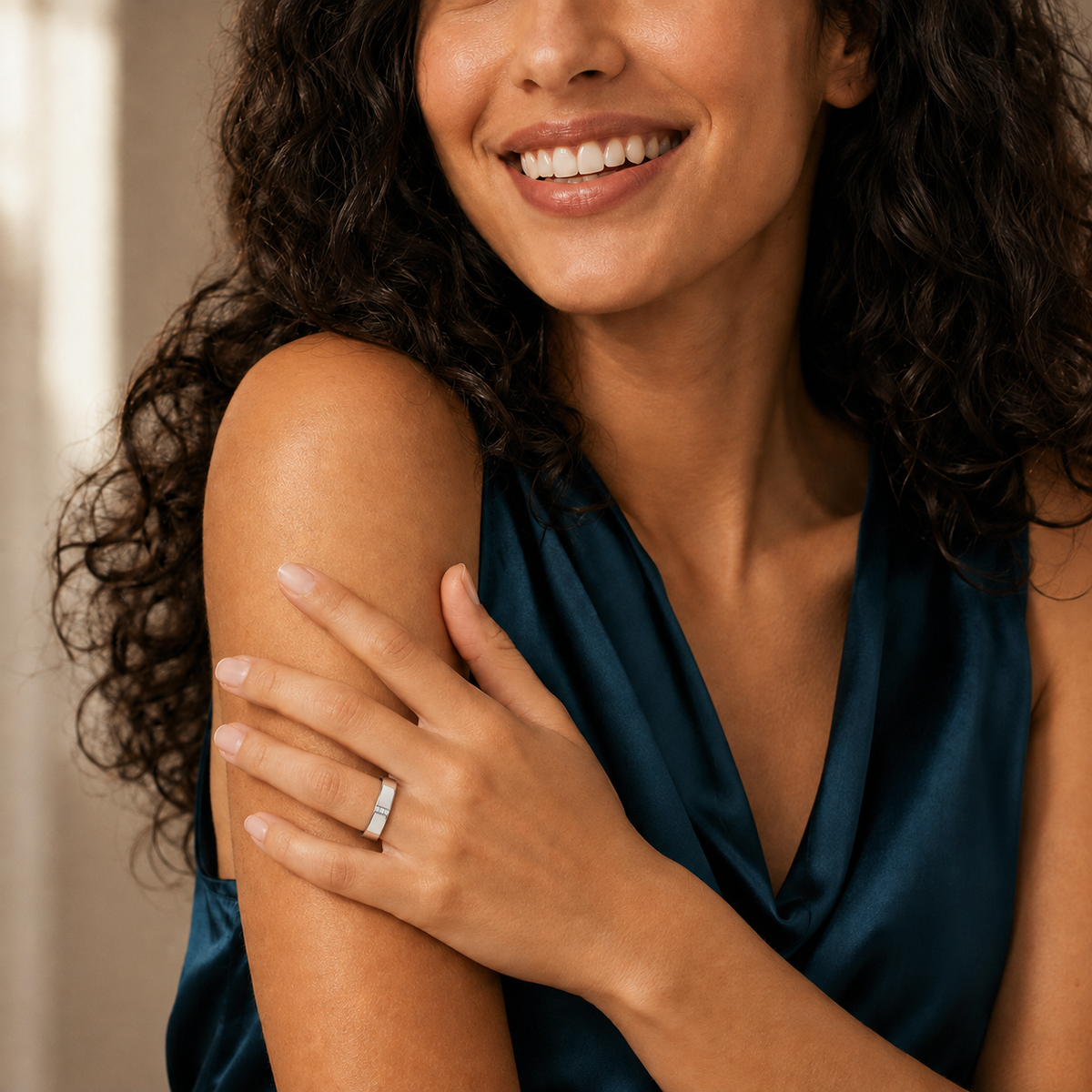 Rowena Cut Three Stone Minimalist Lab-Grown Diamond Wedding Band in 18K White Gold, worn on hand