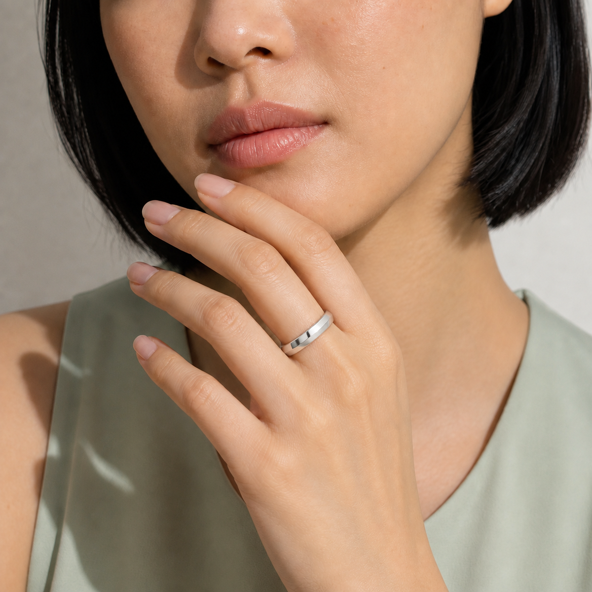 Thalia Comfort Fit Knife Edge Lab-Grown Diamond Wedding Band in 14K White Gold, worn on hand