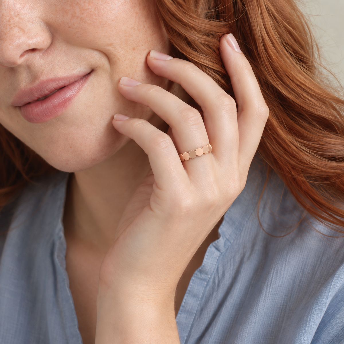Romilly All Around Octagon Lab-Grown Diamond Wedding Band in 14K Rose Gold, worn on hand