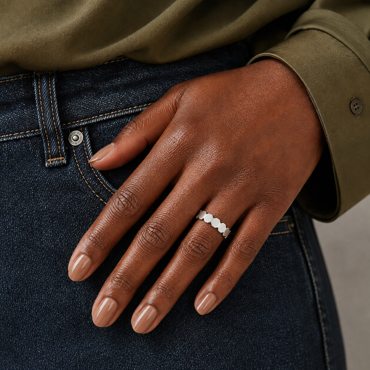 Romilly All Around Octagon Lab-Grown Diamond Wedding Band in 14K White Gold, worn on hand