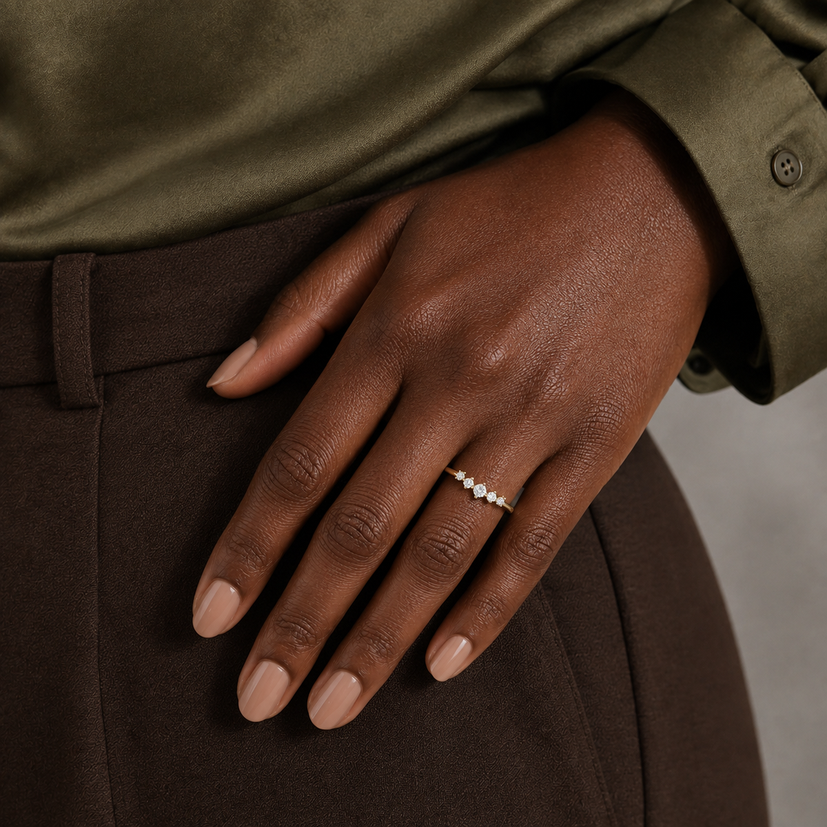 Maelle Curved Contoured 5 Stone Lab-Grown Diamond Wedding Band in 18K Yellow Gold, worn on hand
