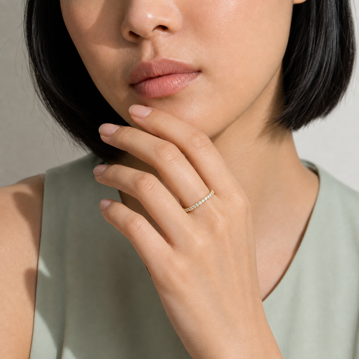 Sela Classic Shared Prong Eternity Lab-Grown Diamond Band in 14K Yellow Gold, worn on hand