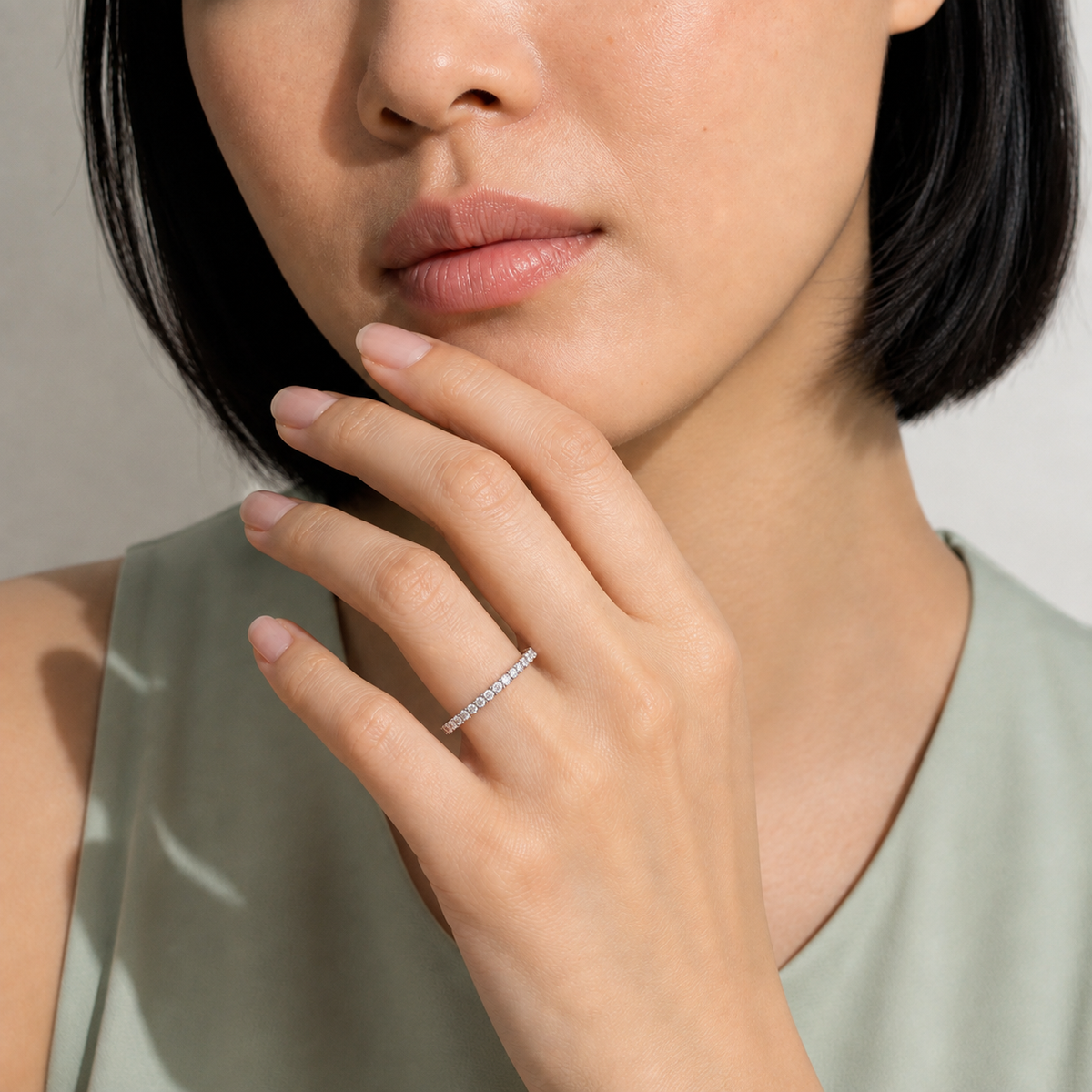 Vina Belle Eternity Lab-Grown Diamond Band in 14K White Gold, worn on hand