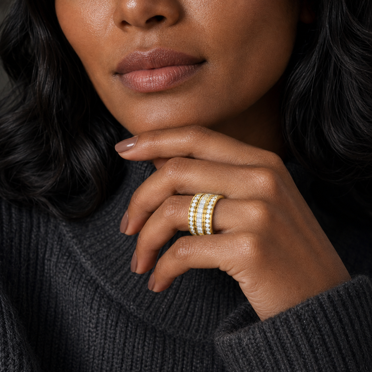 Doria Deco Three Row Eternity Lab-Grown Diamond Wedding Band in 14K Yellow Gold, worn on hand