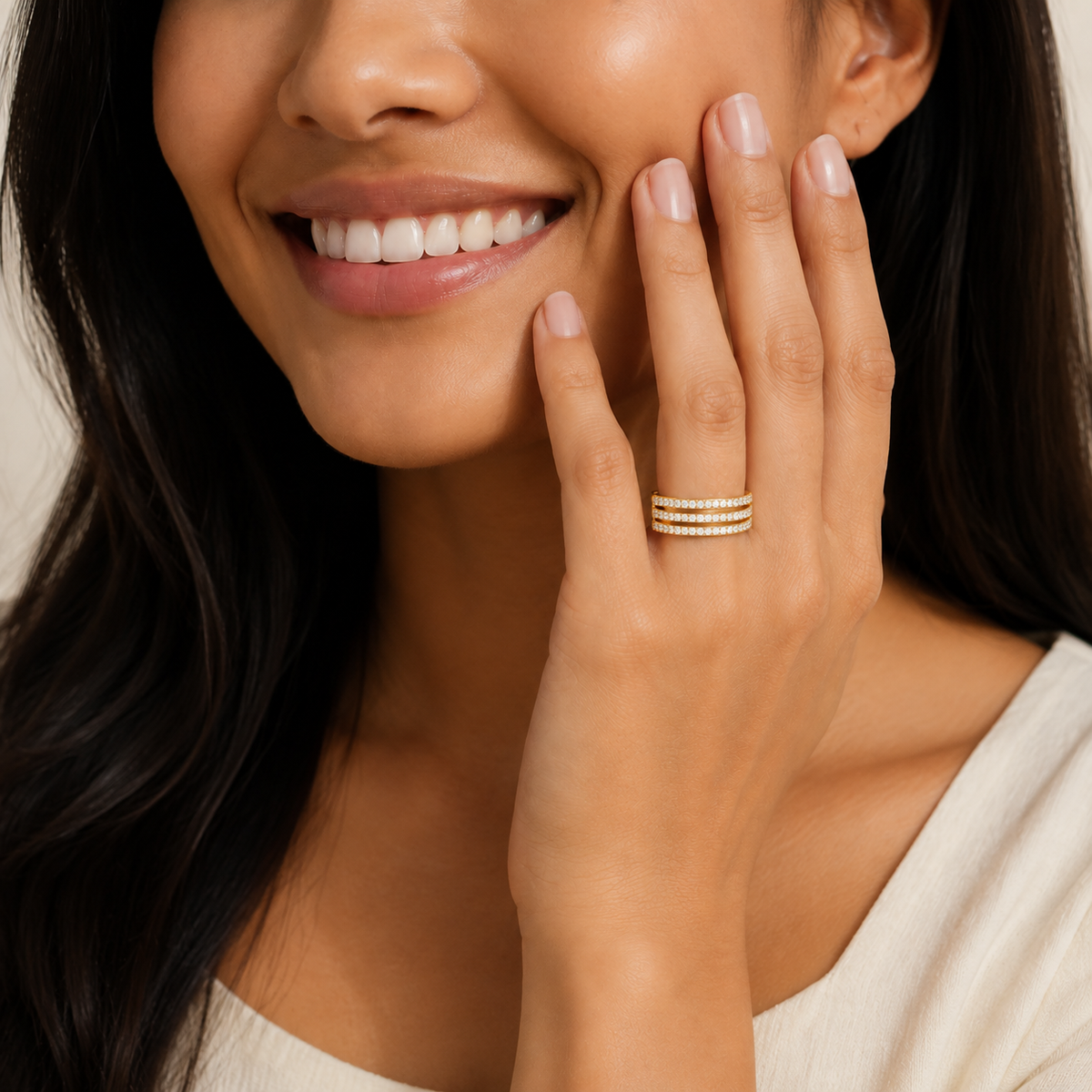 Cressida Luxe Triple Split Shank Lab-Grown Diamond Ring in 14K Yellow Gold, worn on hand