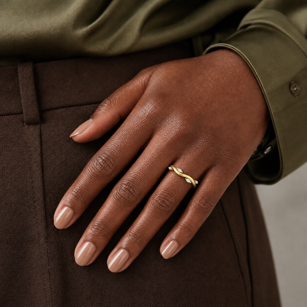 Brielle Stackable Wave Stacking Lab-Grown Diamond Ring in 18K Yellow Gold, worn on hand