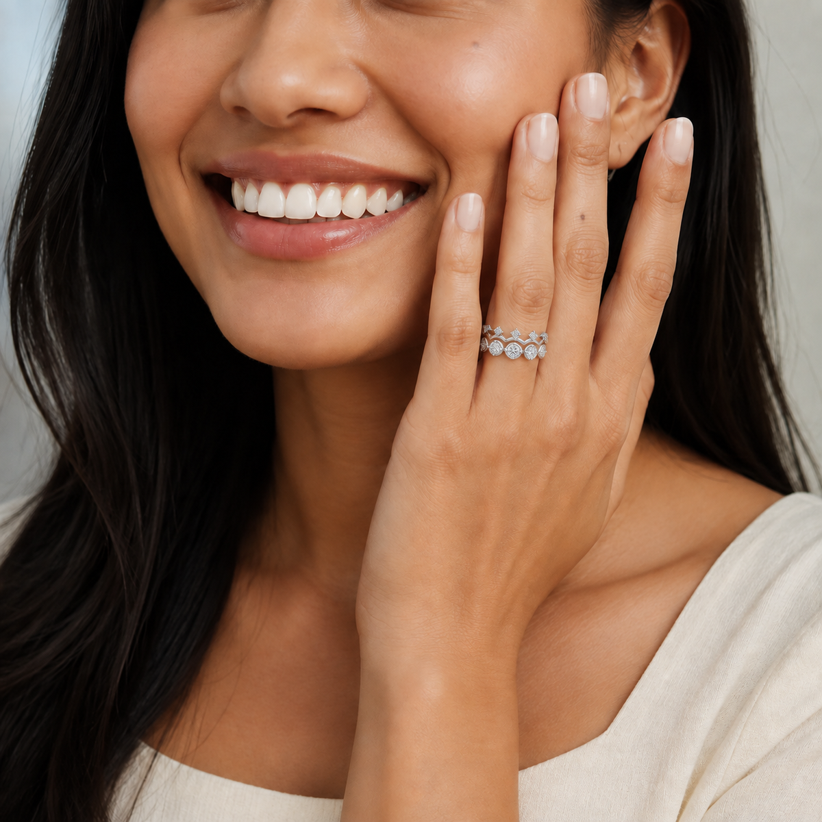 Maren Toi Et Moi Crowned Duo Stackable Half Eternity Lab-Grown Diamond Band in Platinum, worn on hand