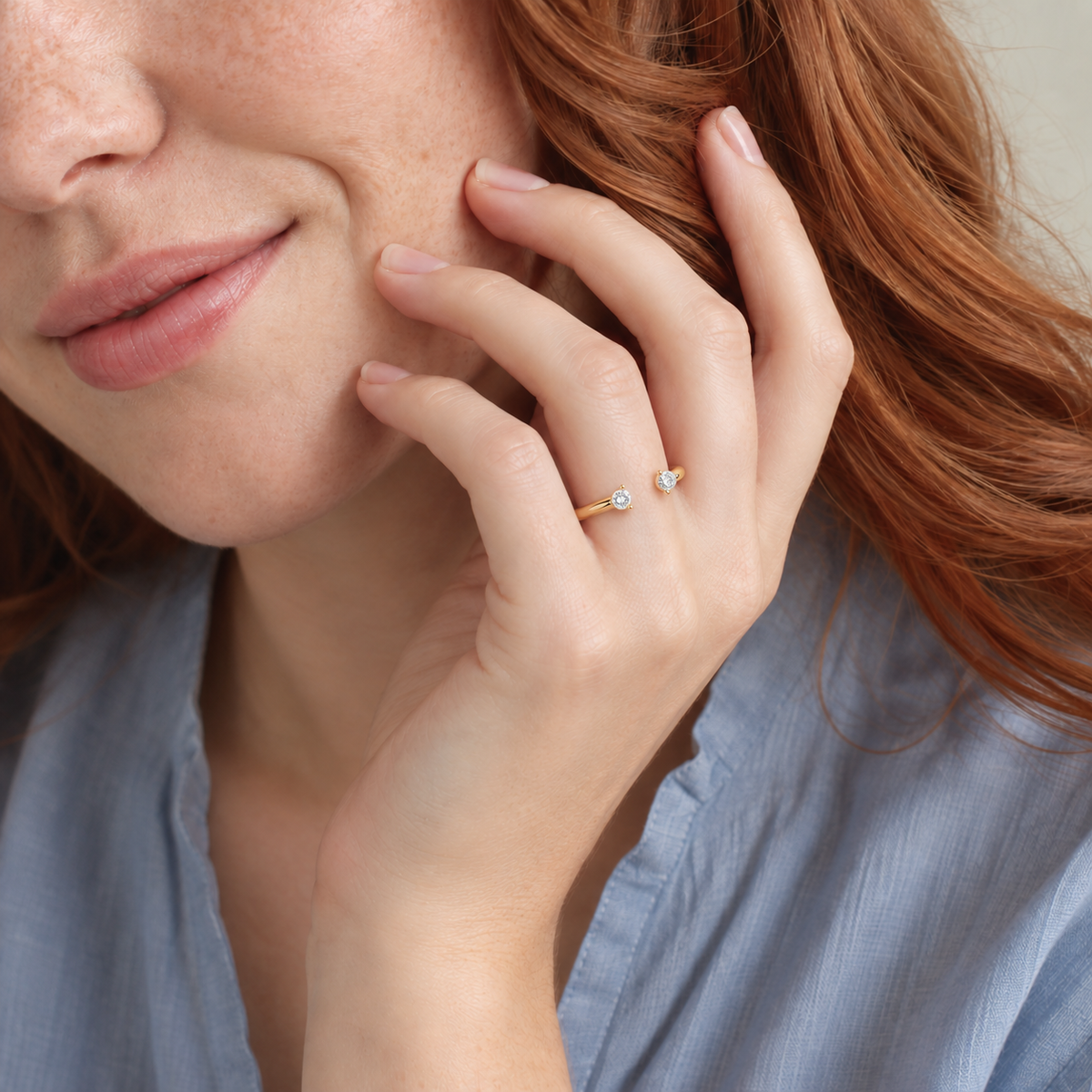 Valen Toi Et Moi Three Prong Duo Solitaire Open Lab-Grown Diamond Ring in 14K Yellow Gold, worn on hand