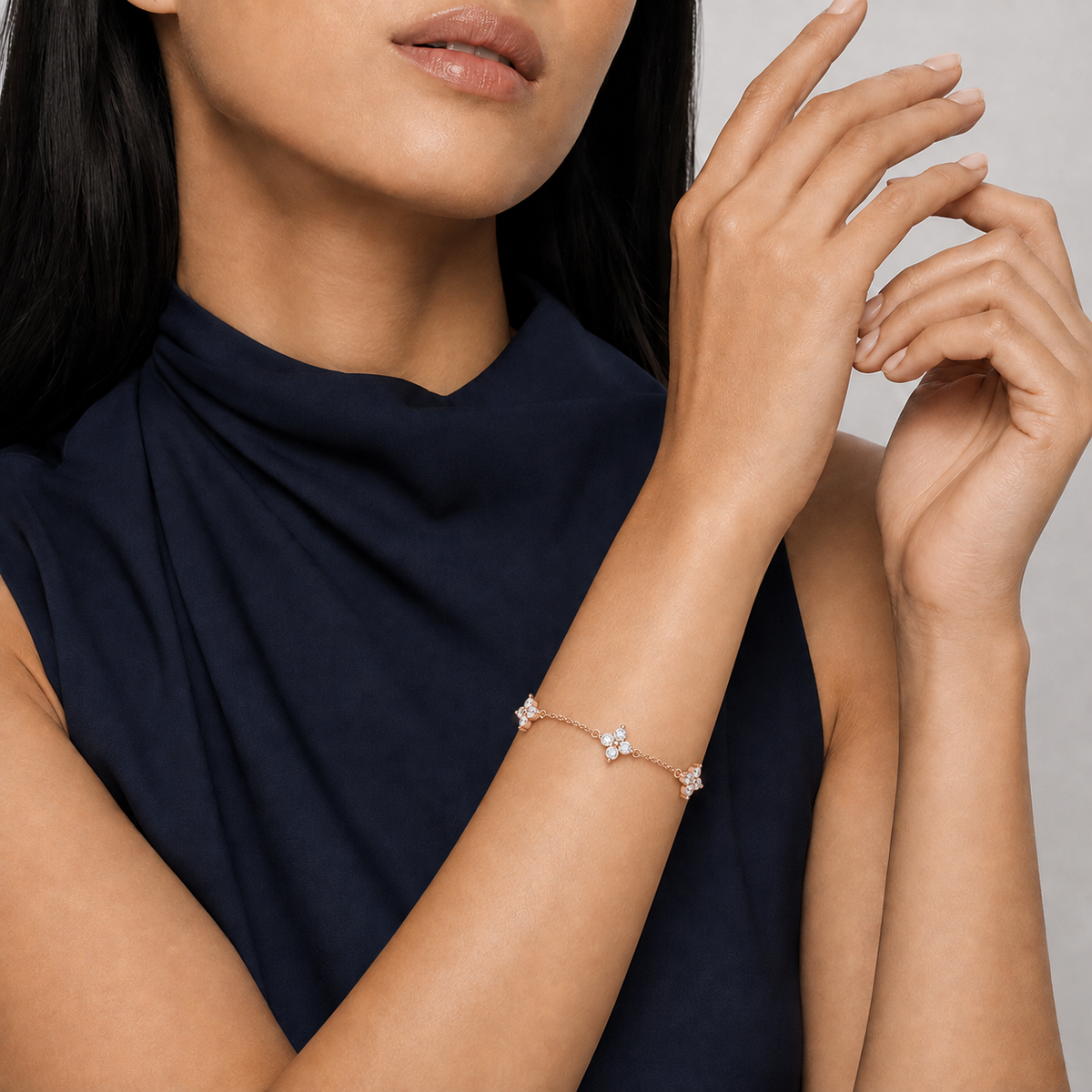 Mirabel Fleur Multi Station Charm Lab-Grown Diamond Bracelet in 14K Rose Gold, worn on wrist