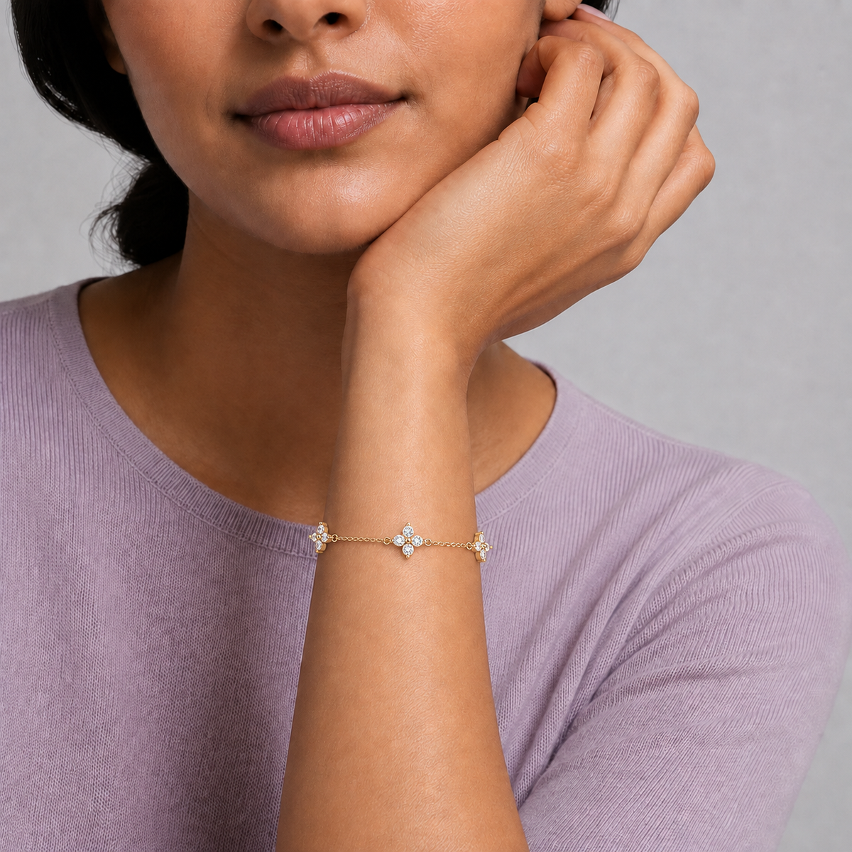 Mirabel Fleur Multi Station Charm Lab-Grown Diamond Bracelet in 18K Yellow Gold, worn on wrist