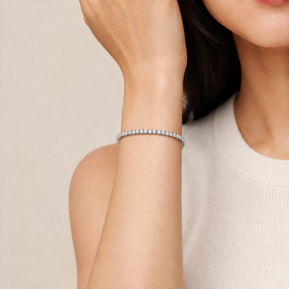 Astraea Brilliant Eternity Lab-Grown Diamond Bangle Bracelet in 14K White Gold, worn on wrist