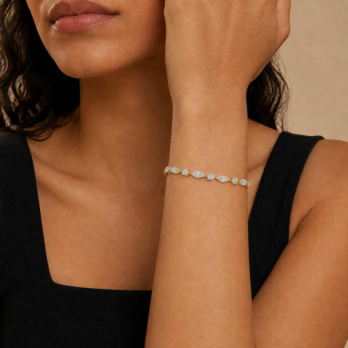 Aurelia Multi Shape Lab-Grown Diamond Tennis Bracelet in 14K Yellow Gold, worn on wrist