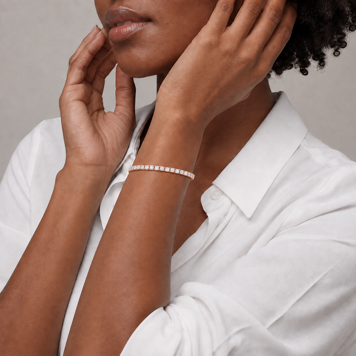 Oriana Infinity Interlocking Brilliant Lab-Grown Diamond Tennis Bracelet in 14K Rose Gold, worn on wrist
