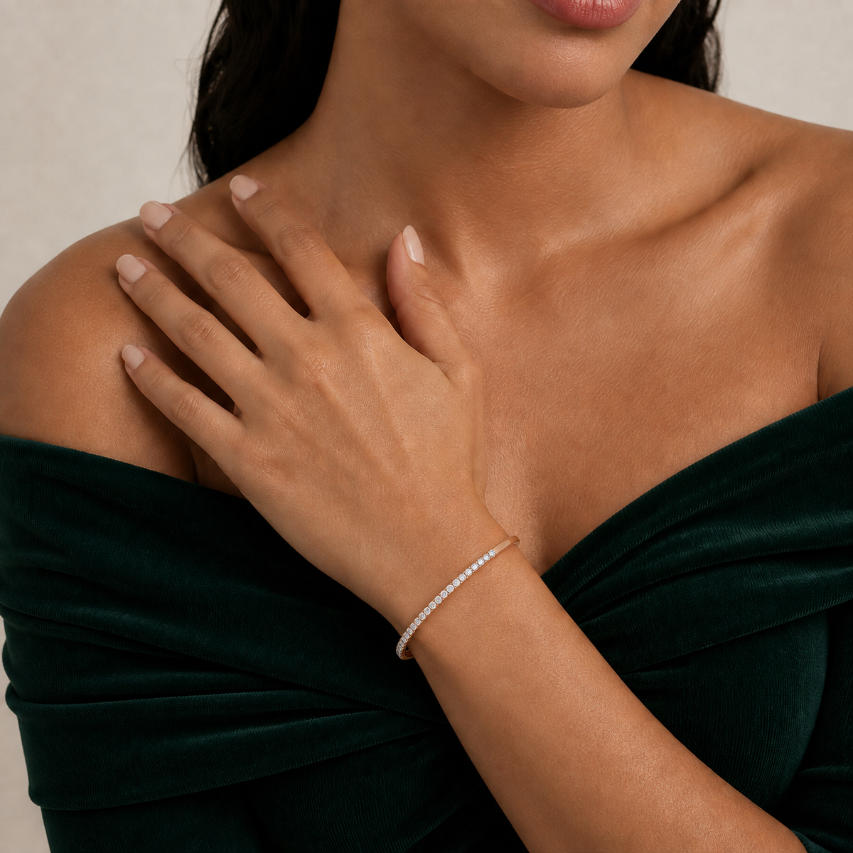 Ciela Brilliant Half Tennis Bangle Lab-Grown Diamond Tennis Bracelet in 14K Rose Gold, worn on wrist