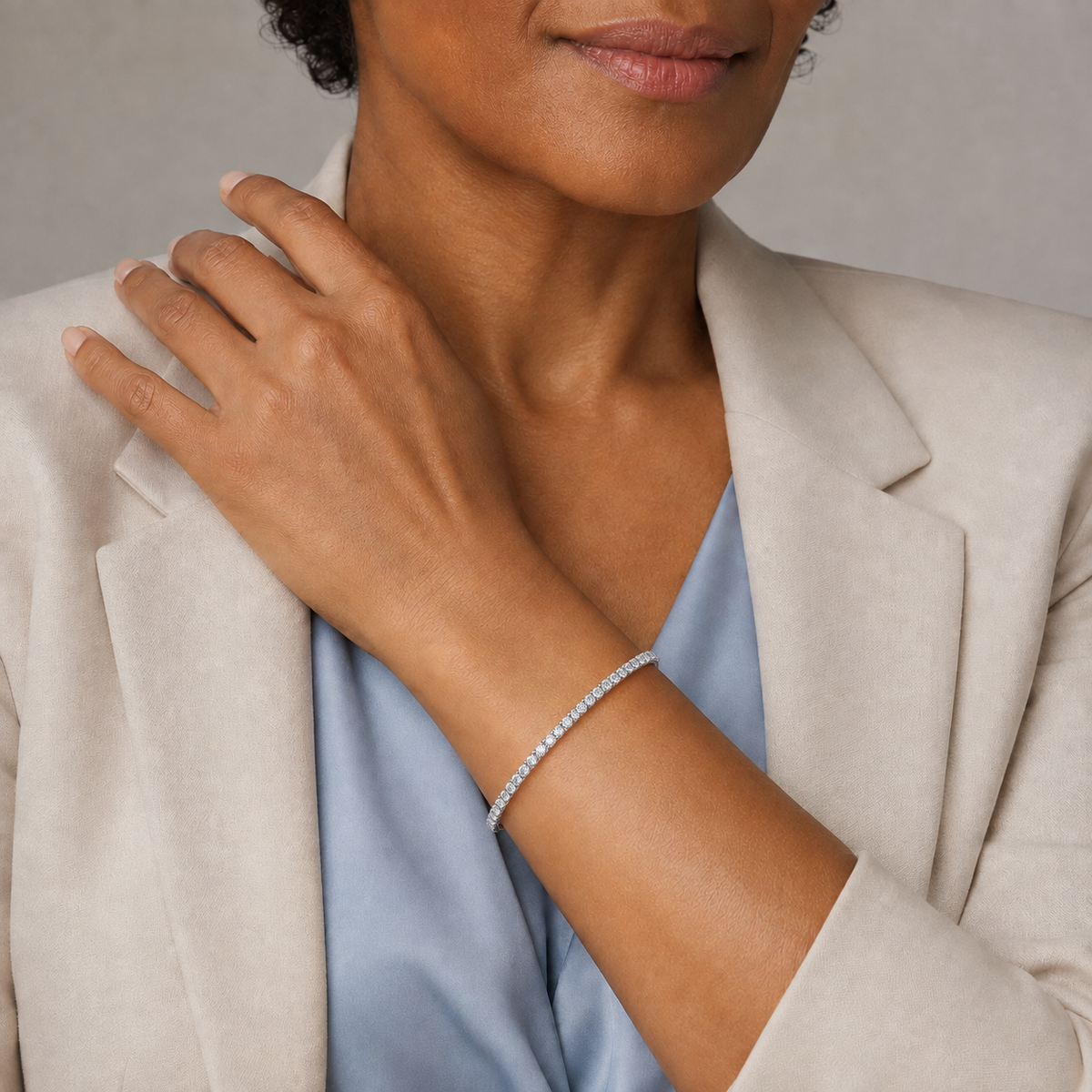 Ciela Brilliant Half Tennis Bangle Lab-Grown Diamond Tennis Bracelet in Platinum, worn on wrist