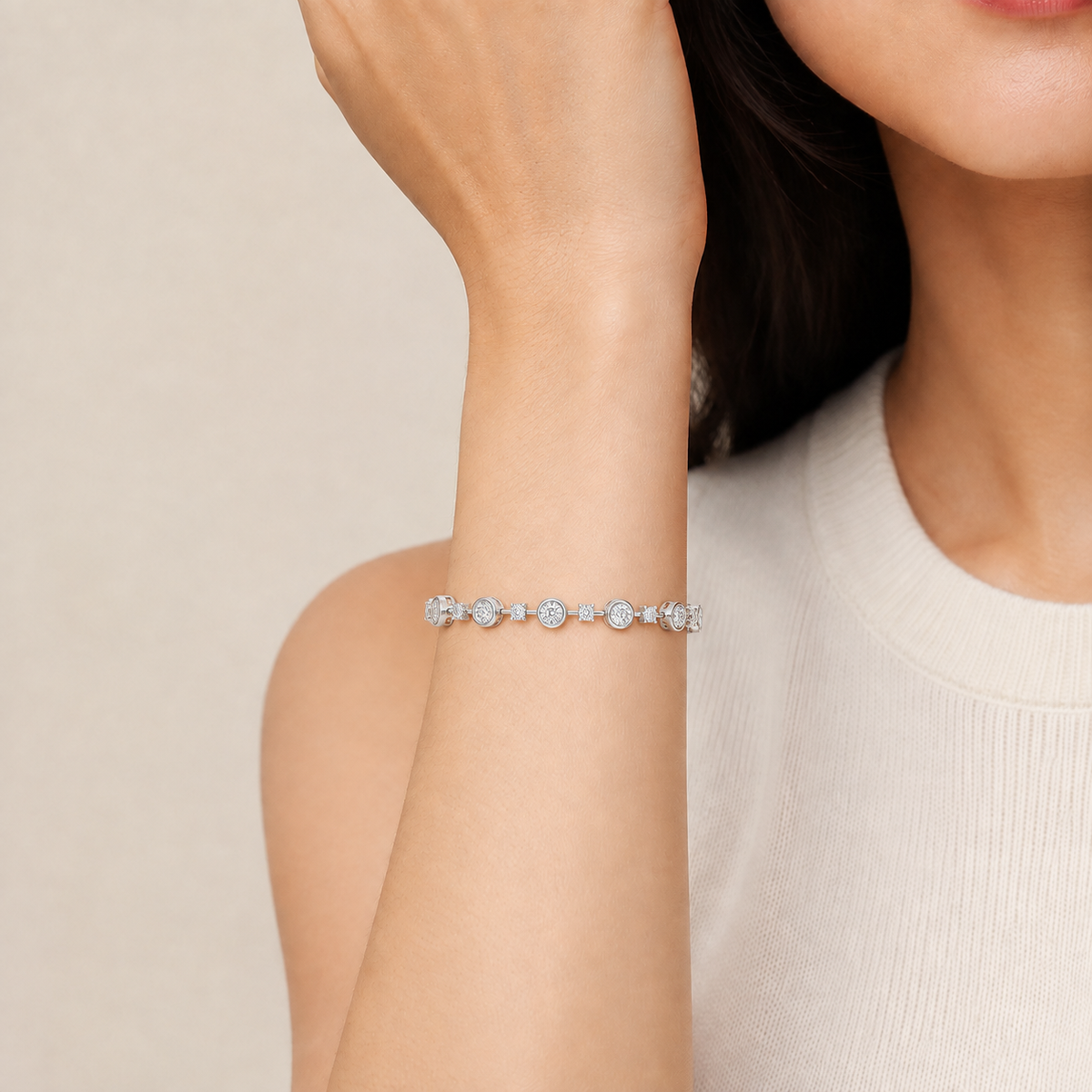 Delphine Alternating Multi-Shape Lab-Grown Diamond Tennis Bracelet in 14K White Gold, worn on wrist