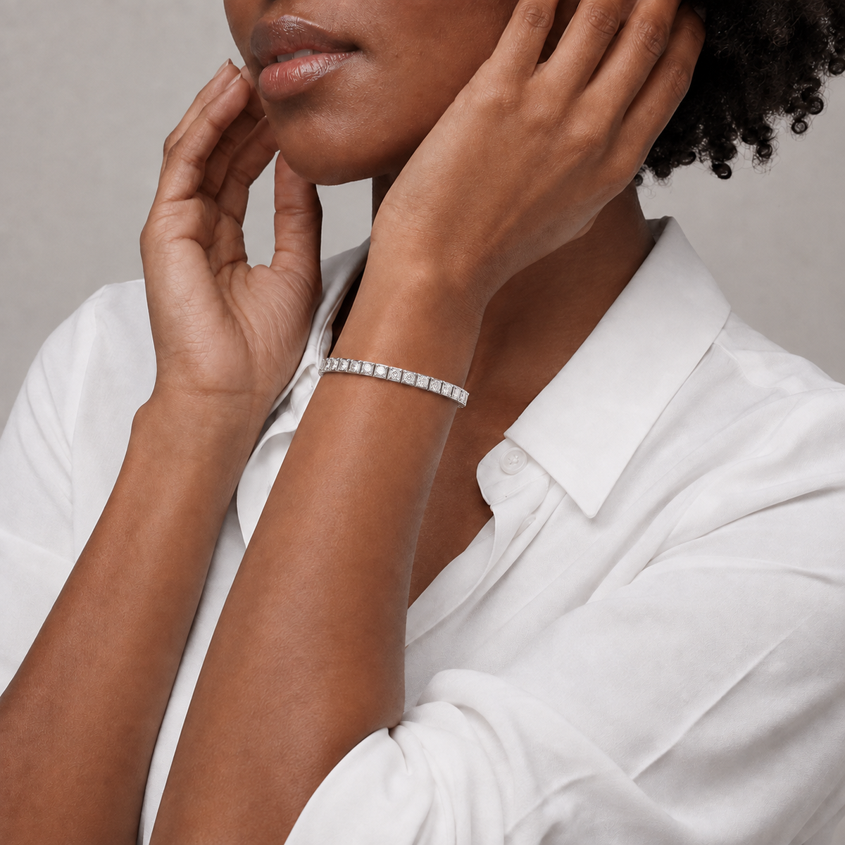 Paloma Brilliant Box Link Lab-Grown Diamond Tennis Bracelet in 14K White Gold, worn on wrist