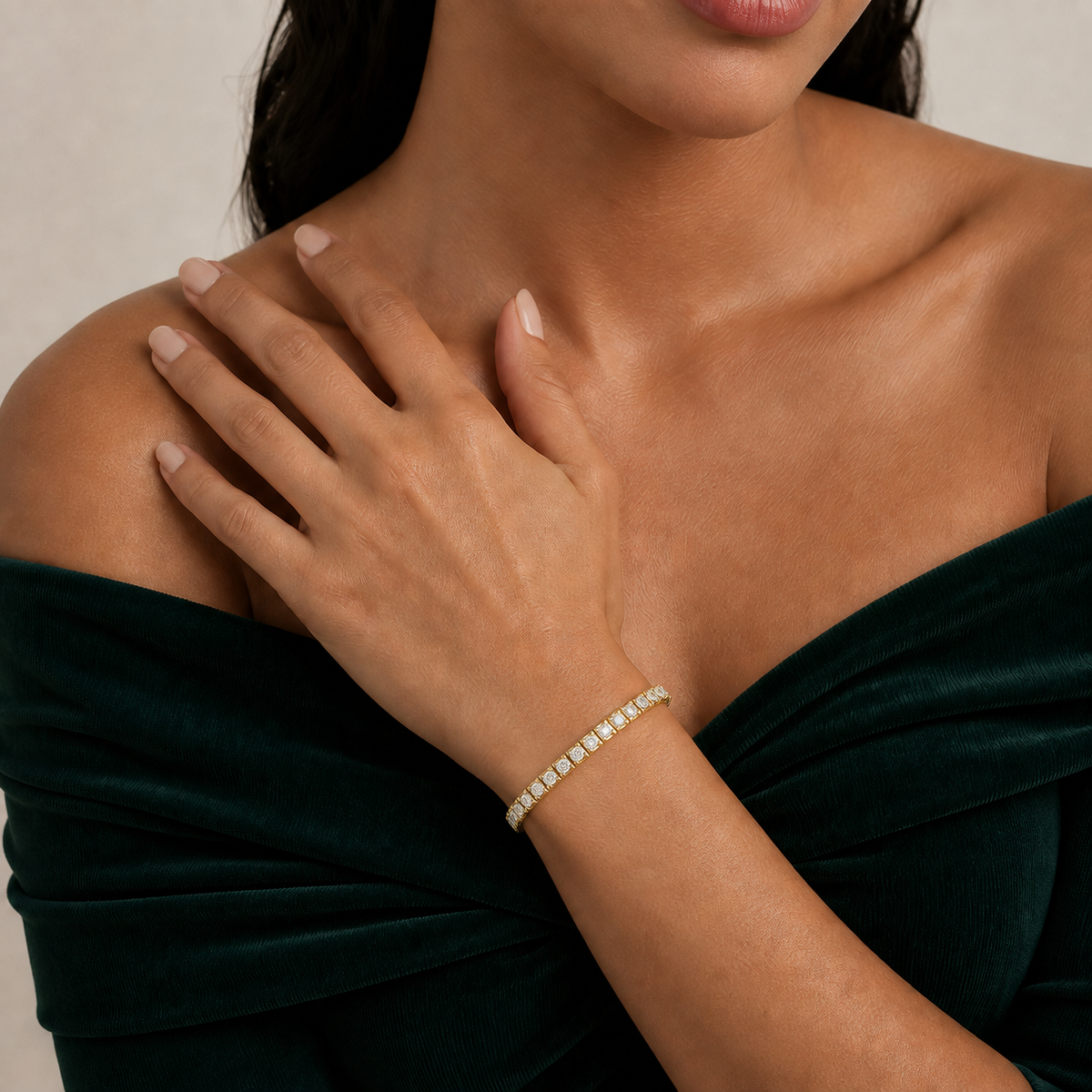 Paloma Brilliant Box Link Lab-Grown Diamond Tennis Bracelet in 14K Yellow Gold, worn on wrist