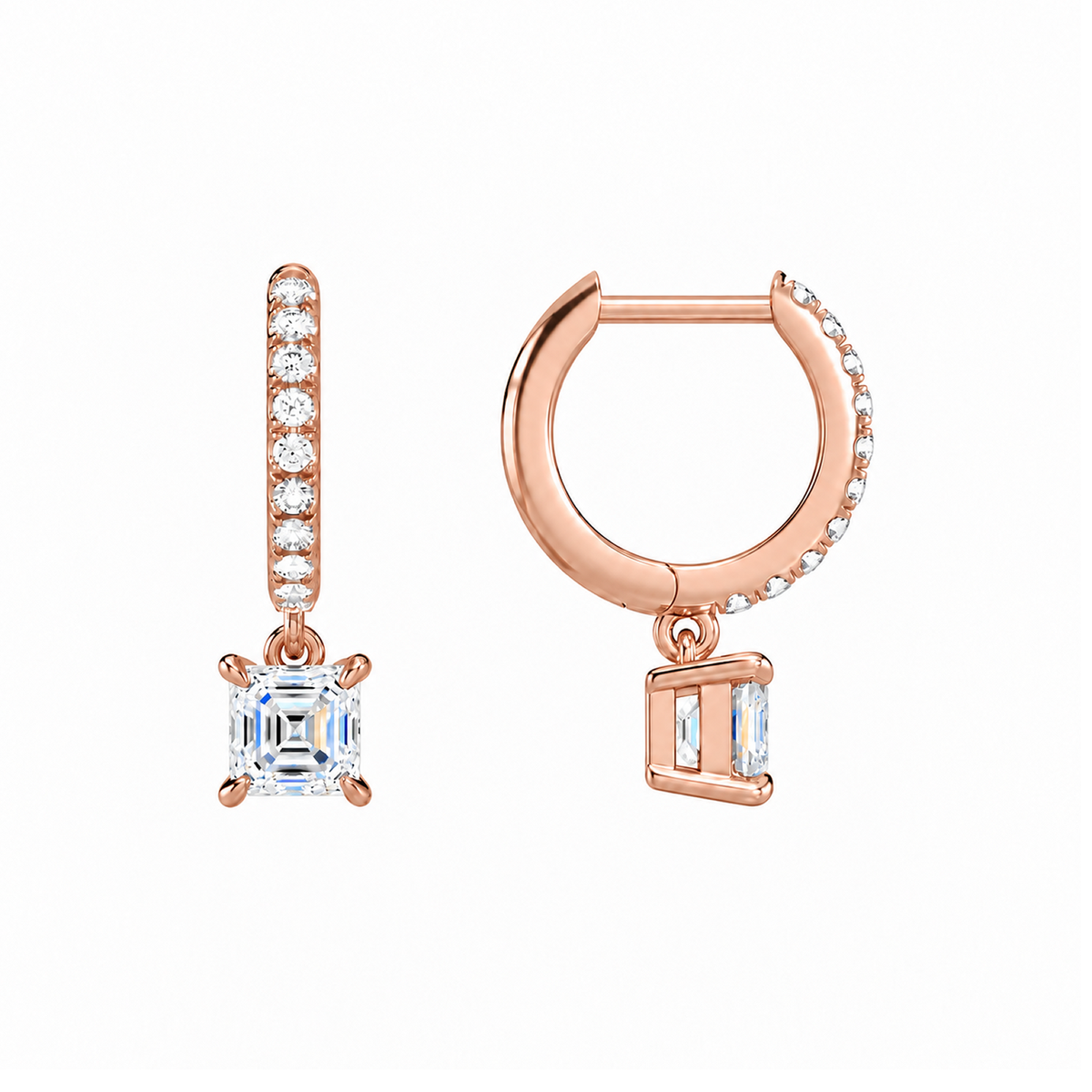 Fiorella Asscher Accented Drop Huggie Hoop Lab-Grown Diamond Earrings in 14K Rose Gold, alternate product view