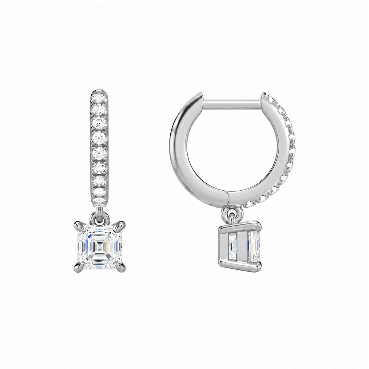 Fiorella Asscher Accented Drop Huggie Hoop Lab-Grown Diamond Earrings in 14K White Gold, alternate product view