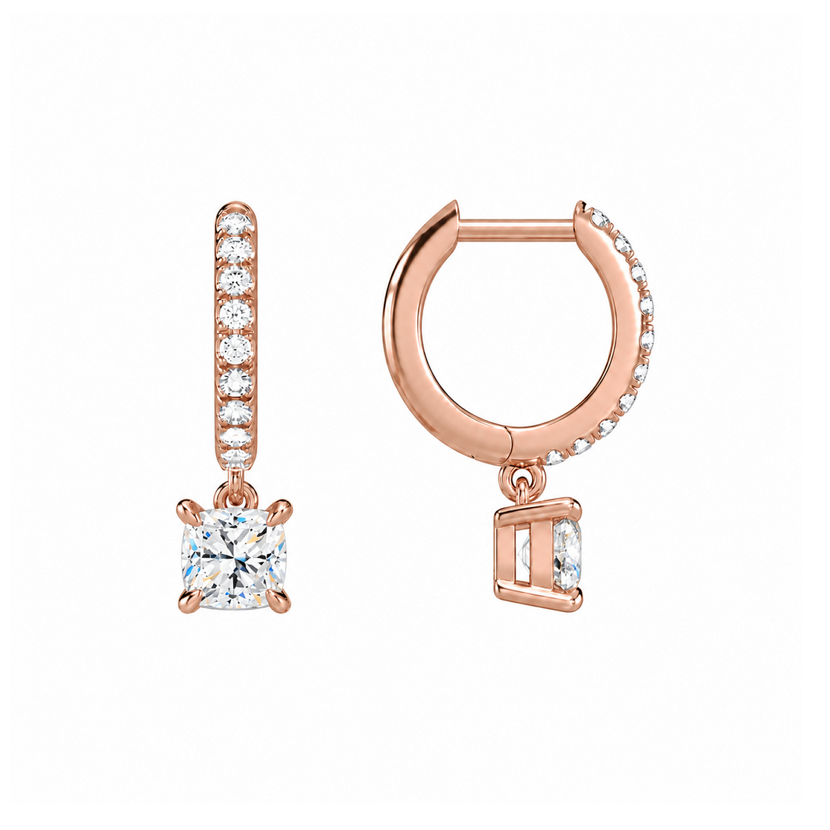 Fiorella Cushion Accented Drop Huggie Hoop Lab-Grown Diamond Earrings in 14K Rose Gold, alternate product view