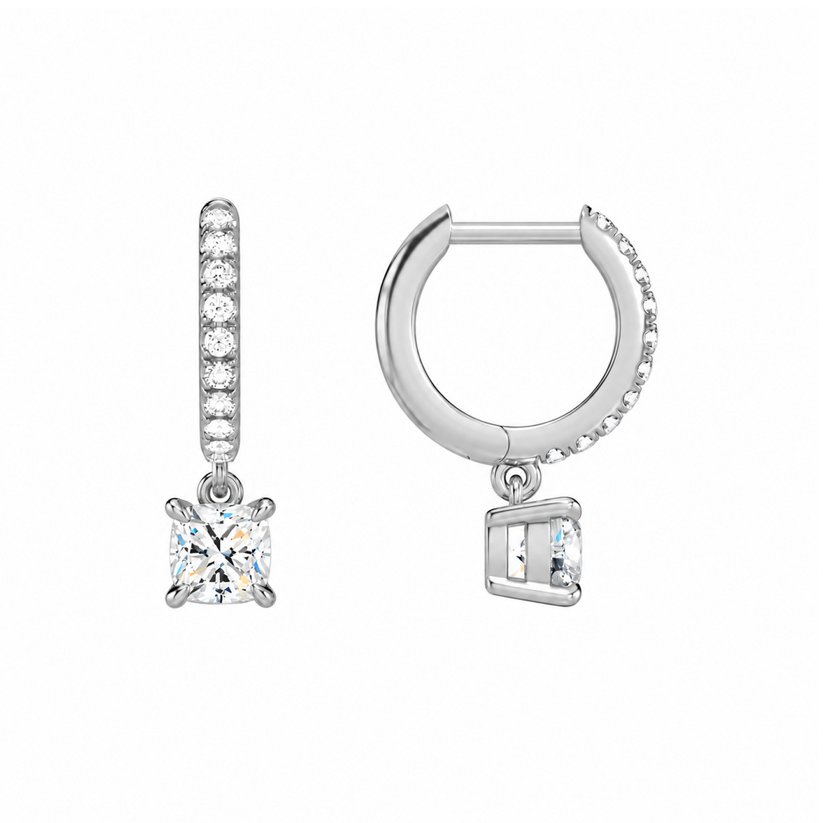 Fiorella Cushion Accented Drop Huggie Hoop Lab-Grown Diamond Earrings in 18K White Gold, alternate product view