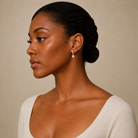 Fiorella Cushion Accented Drop Huggie Hoop Lab-Grown Diamond Earrings in 14K Rose Gold, worn on ear