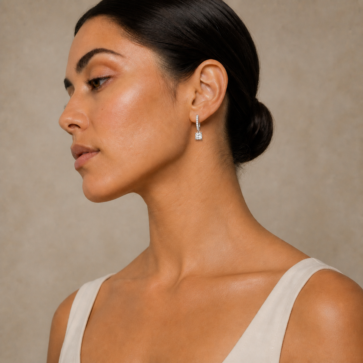 Fiorella Cushion Accented Drop Huggie Hoop Lab-Grown Diamond Earrings in 18K White Gold, worn on ear