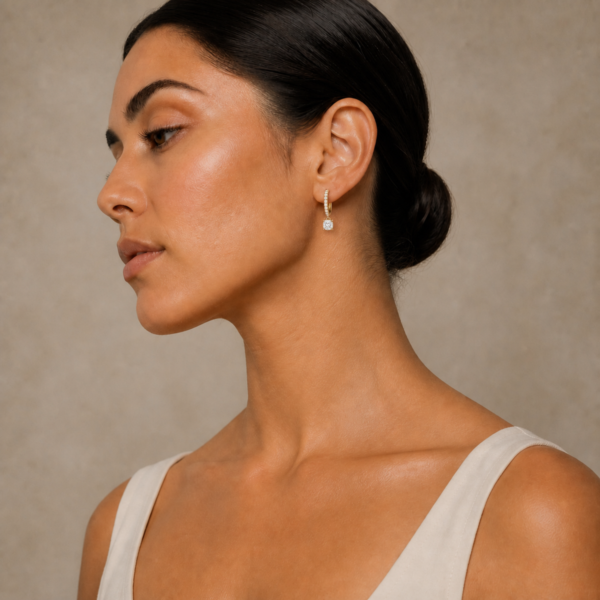 Fiorella Cushion Accented Drop Huggie Hoop Lab-Grown Diamond Earrings in 14K Yellow Gold, worn on ear