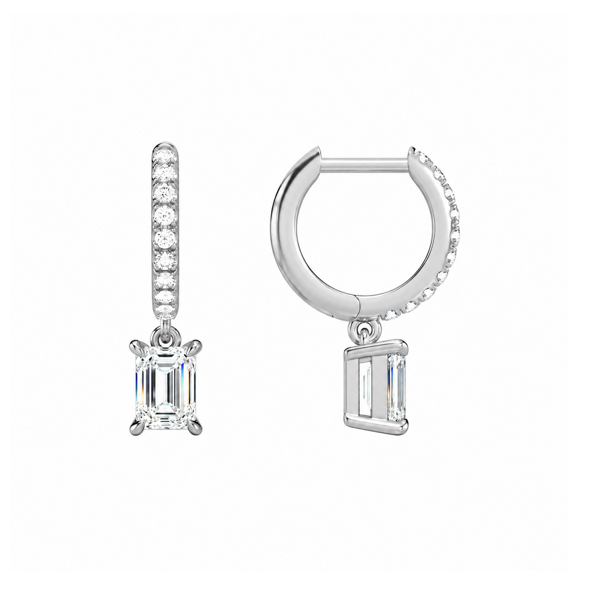 Fiorella Emerald Accented Drop Huggie Hoop Lab-Grown Diamond Earrings in 14K White Gold, alternate product view