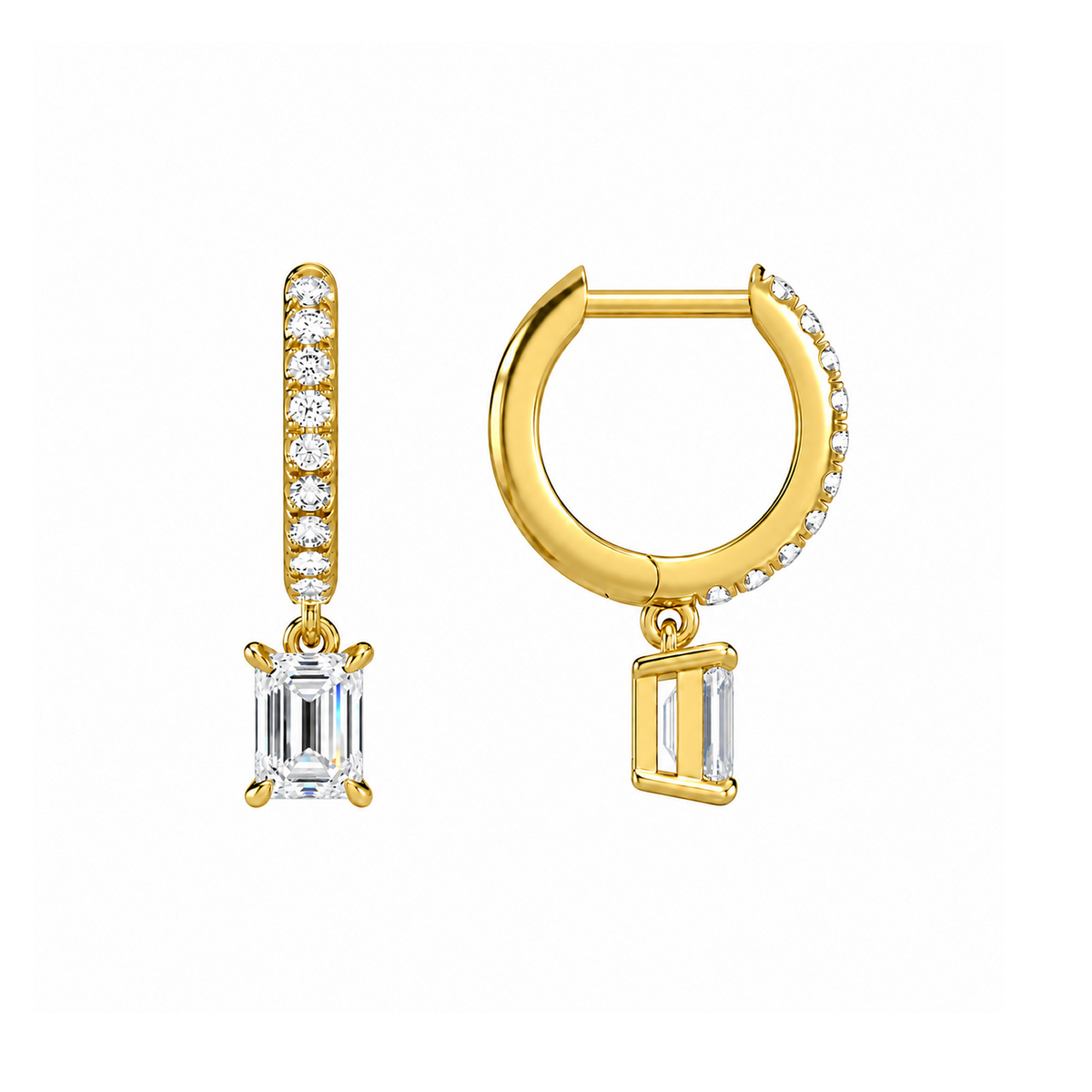 Fiorella Emerald Accented Drop Huggie Hoop Lab-Grown Diamond Earrings in 18K Yellow Gold, alternate product view