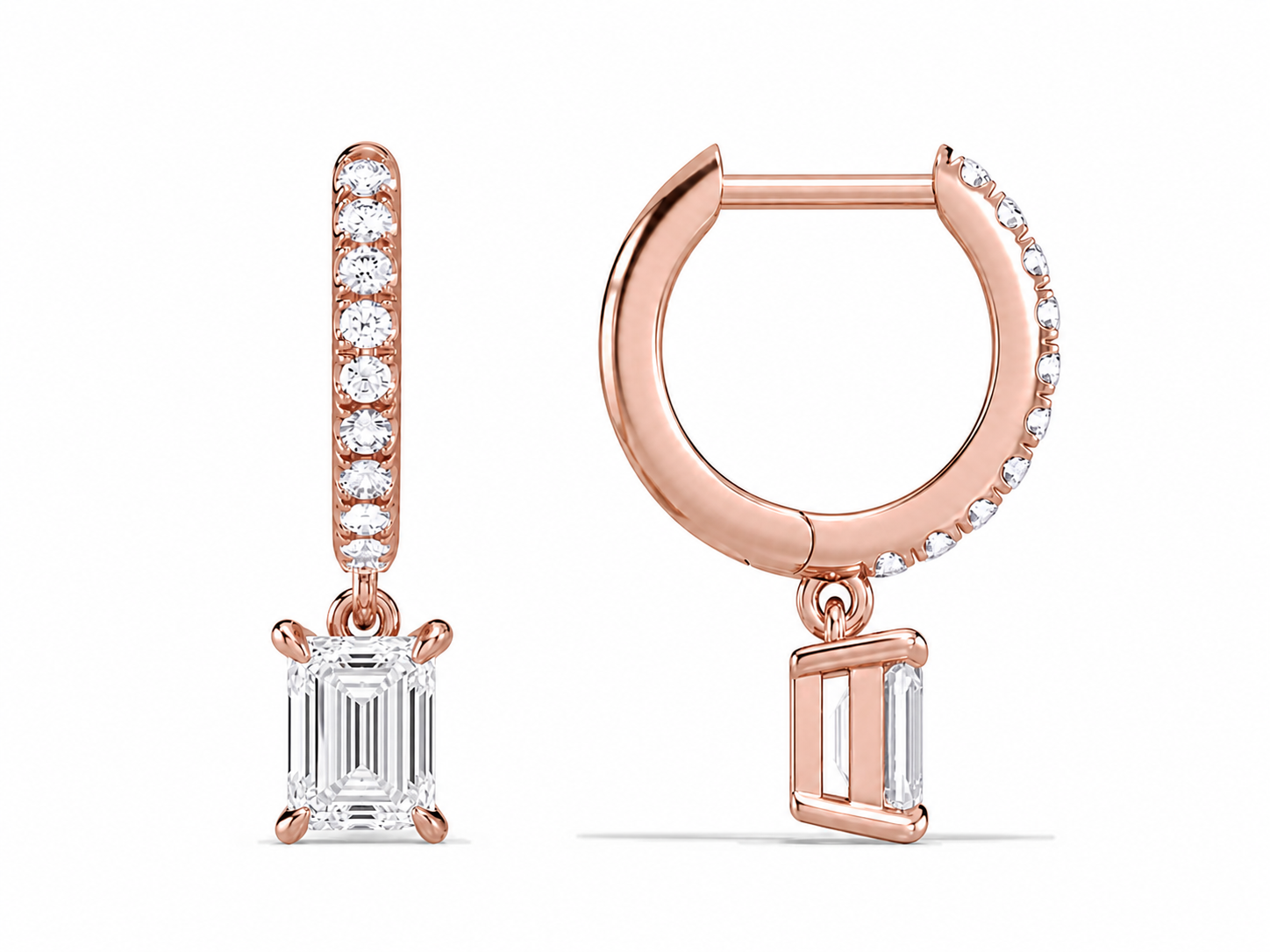 Fiorella Emerald Accented Drop Huggie Hoop Diamond Earrings in 14K Rose Gold second product view