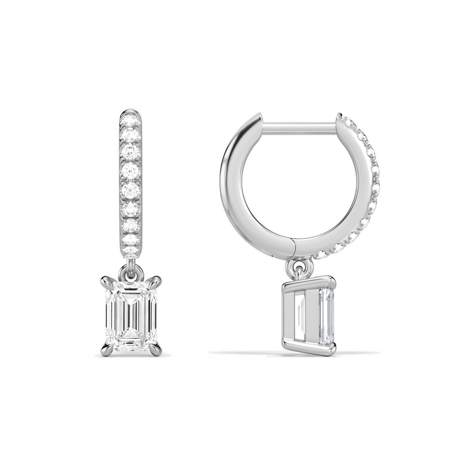 Fiorella Emerald Accented Drop Huggie Hoop Diamond Earrings in 14K White Gold second product view