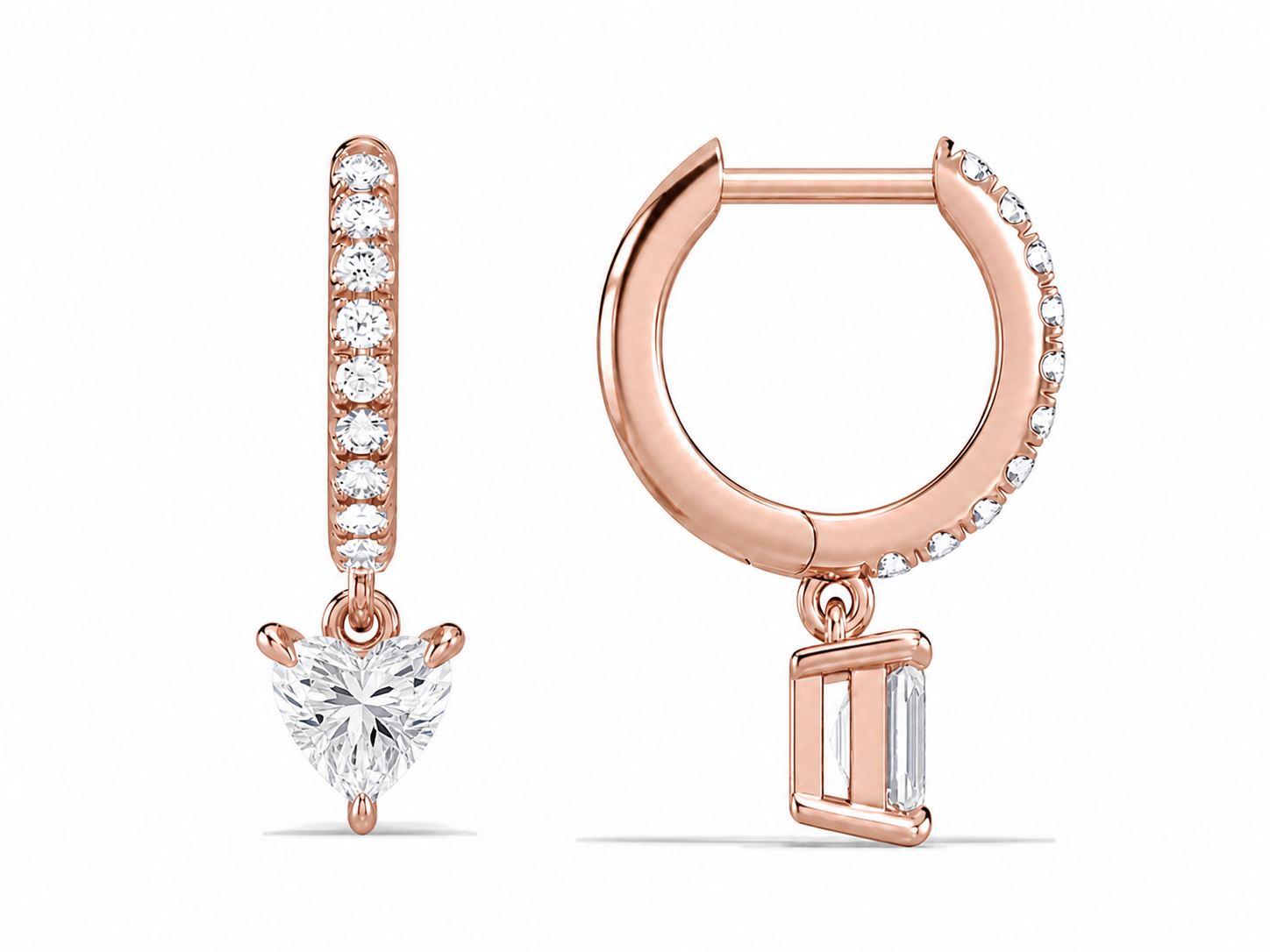 Fiorella Heart Accented Drop Huggie Hoop Diamond Earrings in 14K Rose Gold second product view