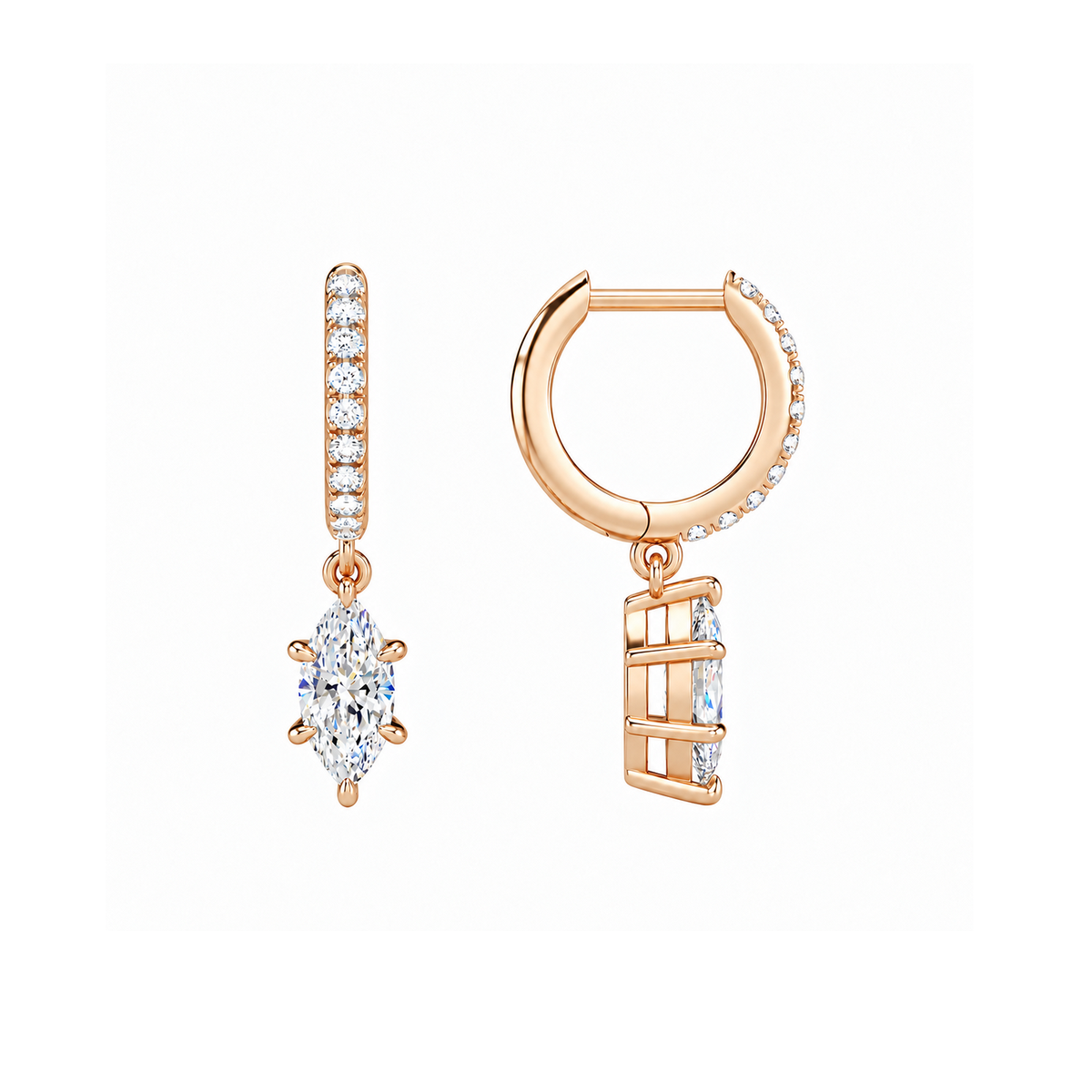 Fiorella Marquise Accented Drop Huggie Hoop Lab-Grown Diamond Earrings in 14K Rose Gold, alternate product view