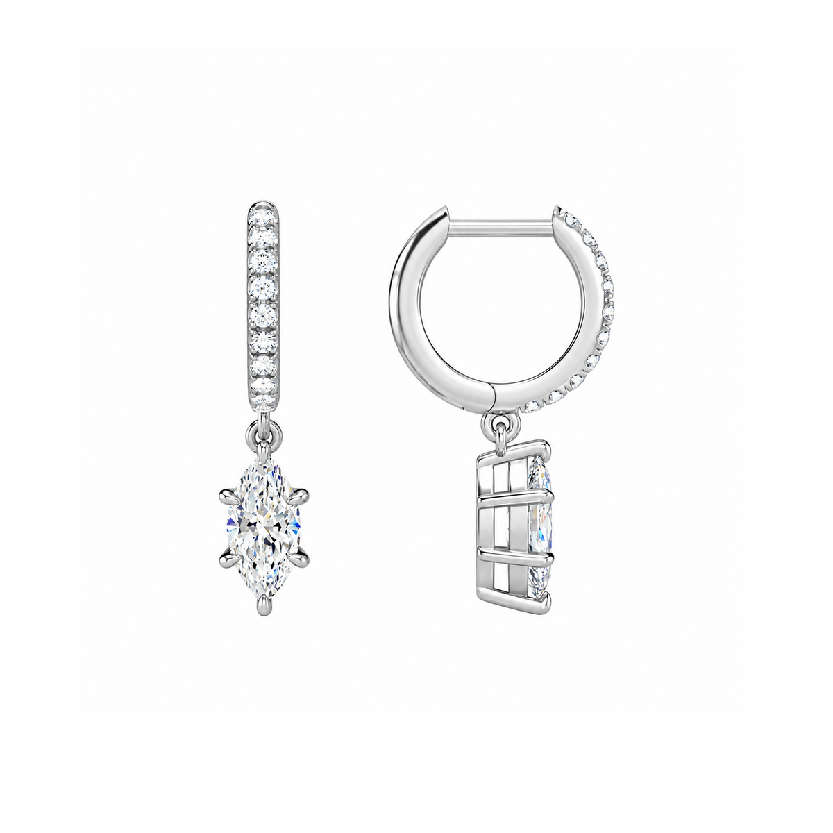 Fiorella Marquise Accented Drop Huggie Hoop Lab-Grown Diamond Earrings in 14K White Gold, alternate product view