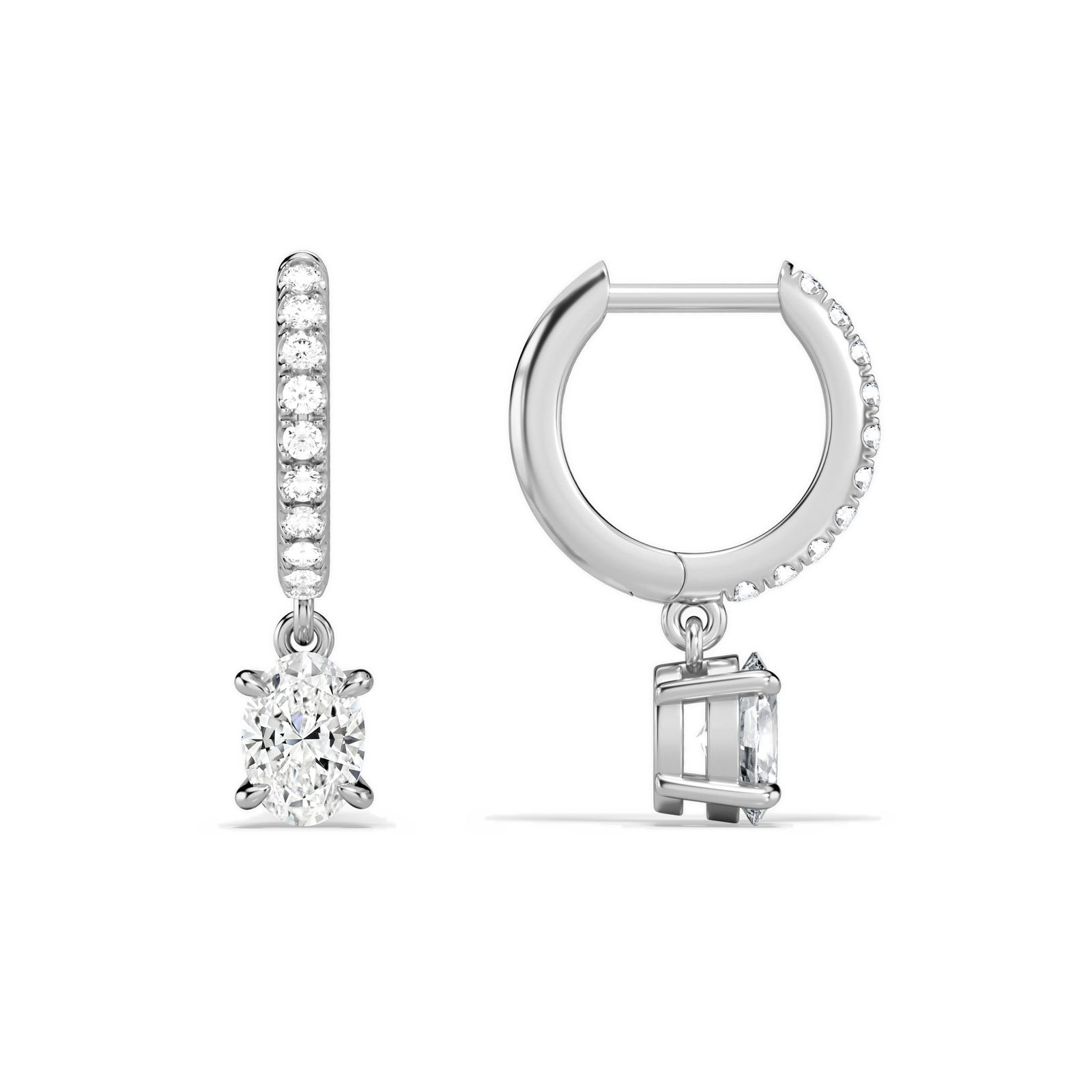Fiorella Oval Accented Drop Huggie Hoop Diamond Earrings in 18K White Gold second product view