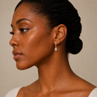 Fiorella Pear Accented Drop Huggie Hoop Lab-Grown Diamond Earrings in 14K Yellow Gold, worn on ear